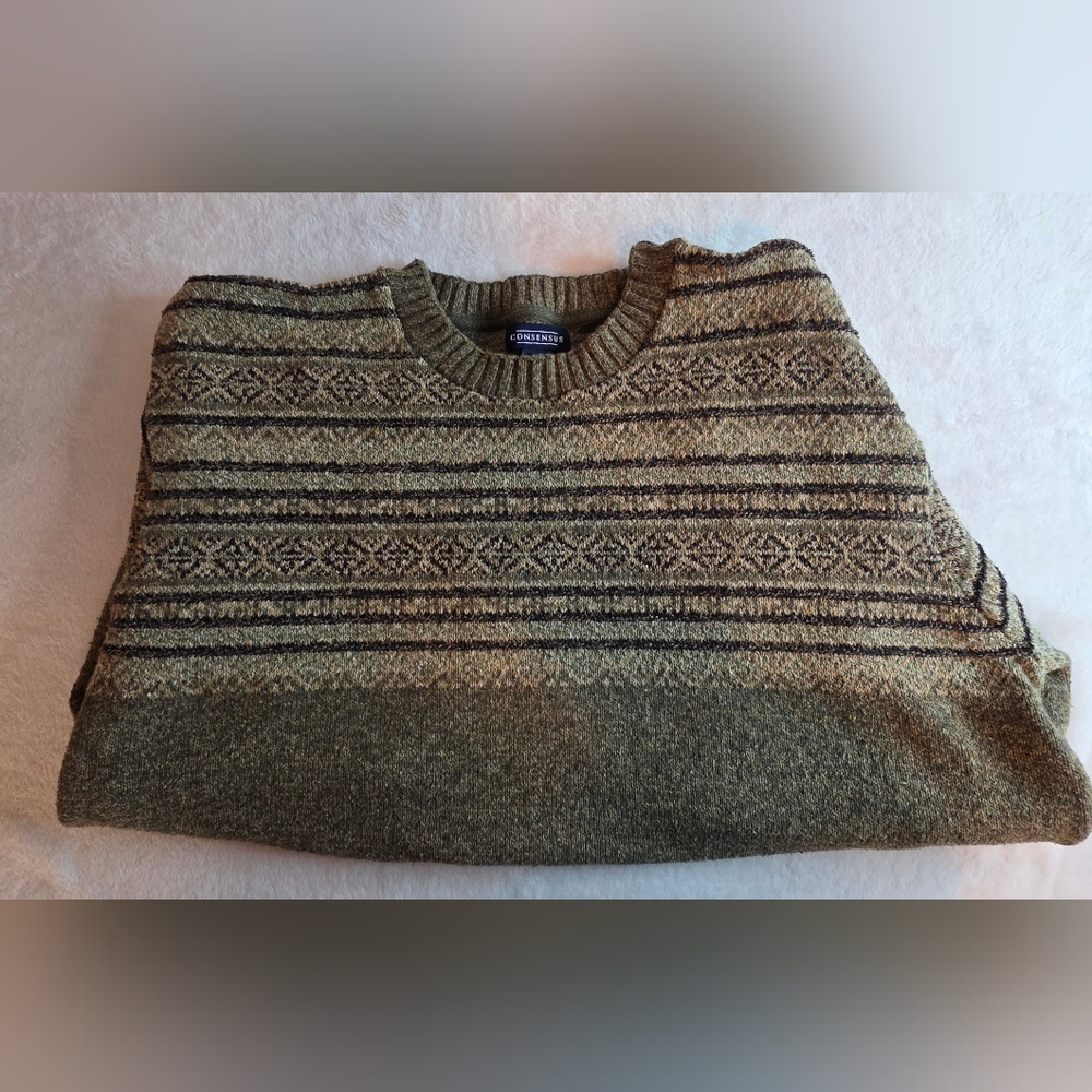 Olive Green Patterned Crewneck Sweater